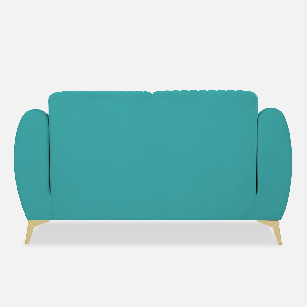 Adorn India Premium Valentino 2 Seater Sofa | Velvet Suede Fabric | 3-Year Warranty | Color Aqua Blue with Golden Legs & Striped Pattern Cushion