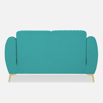 Adorn India Premium Valentino 2 Seater Sofa | Velvet Suede Fabric | 3-Year Warranty | Color Aqua Blue with Golden Legs & Striped Pattern Cushion