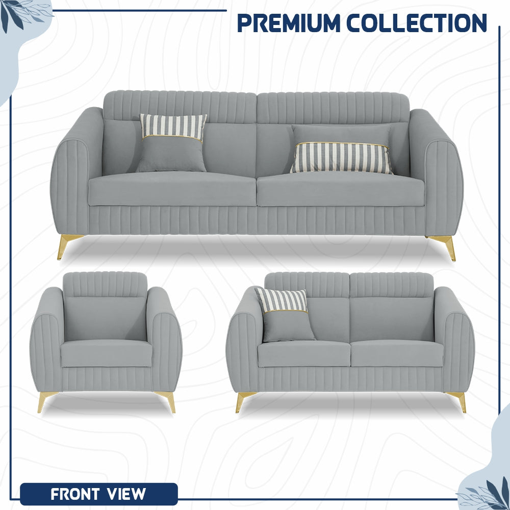 Adorn India Premium Valentino 3-2-1 Sofa Set | Velvet Suede Fabric | 3-Year Warranty | Color Grey with Golden Legs & Striped Pattern Cushion