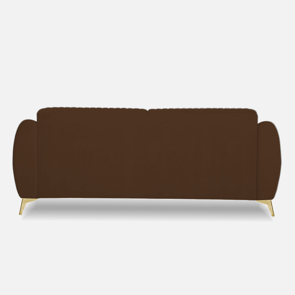 Adorn India Premium Valentino 3 Seater Sofa | Velvet Suede Fabric | 3-Year Warranty | Color Brown with Golden Legs & Striped Pattern Cushion