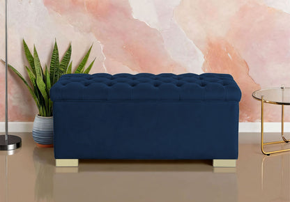 Adorn India Falcon Tufted 2 Seater Storage Ottoman Pouffe with Velvet Suede Fabric (Blue)