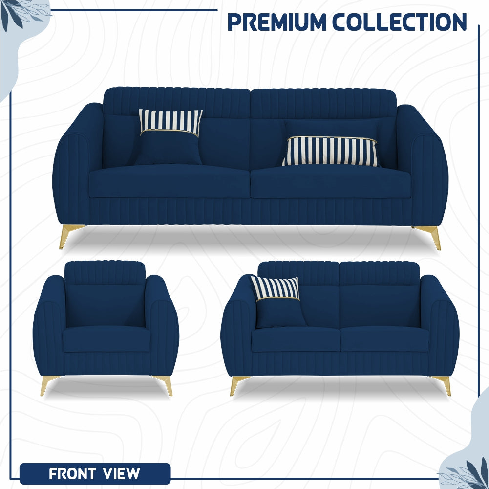 Adorn India Premium Valentino 3-2-1 Sofa Set | Velvet Suede Fabric | 3-Year Warranty | Color Blue with Golden Legs & Striped Pattern Cushion