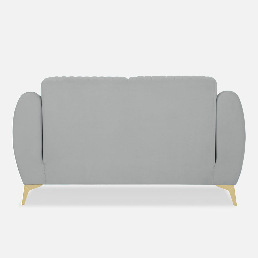 Adorn India Premium Valentino 2 Seater Sofa | Velvet Suede Fabric | 3-Year Warranty | Color Grey with Golden Legs & Striped Pattern Cushion