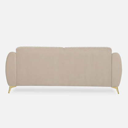 Adorn India Premium Valentino 3 Seater Sofa | Velvet Suede Fabric | 3-Year Warranty | Color Beige with Golden Legs & Striped Pattern Cushion