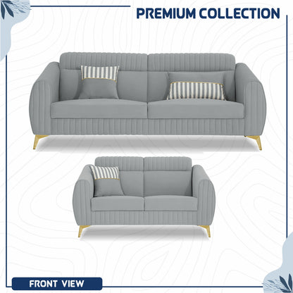 Adorn India Premium Valentino 3-2 Sofa Set | Velvet Suede Fabric | 3-Year Warranty | Color Grey with Golden Legs & Striped Pattern Cushion
