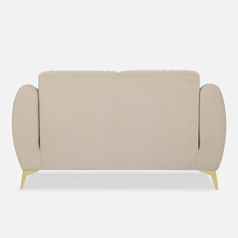 Adorn India Premium Valentino 2 Seater Sofa | Velvet Suede Fabric | 3-Year Warranty | Color Beige with Golden Legs & Striped Pattern Cushion