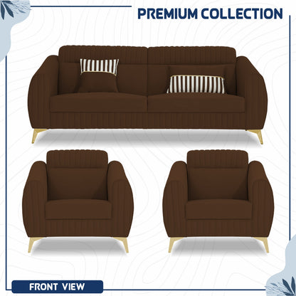 Adorn India Premium Valentino 3-1-1 Sofa Set | Velvet Suede Fabric | 3-Year Warranty | Color Brown with Golden Legs & Striped Pattern Cushion