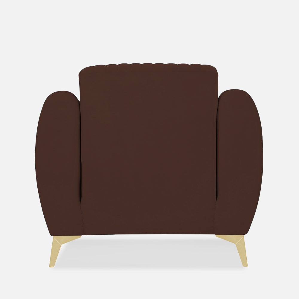 Adorn India Premium Valentino 1 Seater Sofa | Velvet Suede Fabric | 3-Year Warranty | Color Brown with Golden Legs & Striped Pattern Cushion