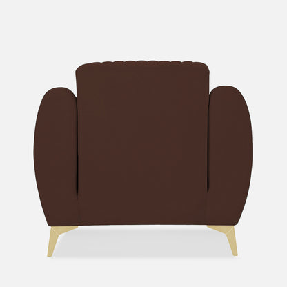 Adorn India Premium Valentino 1 Seater Sofa | Velvet Suede Fabric | 3-Year Warranty | Color Brown with Golden Legs & Striped Pattern Cushion