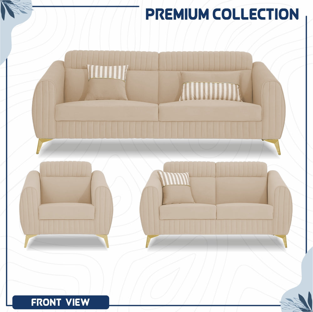 Adorn India Premium Valentino 3-2-1 Sofa Set | Velvet Suede Fabric | 3-Year Warranty | Color Beige with Golden Legs & Striped Pattern Cushion