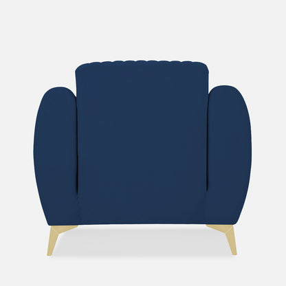 Adorn India Premium Valentino 1 Seater Sofa | Velvet Suede Fabric | 3-Year Warranty | Color Blue with Golden Legs & Striped Pattern Cushion