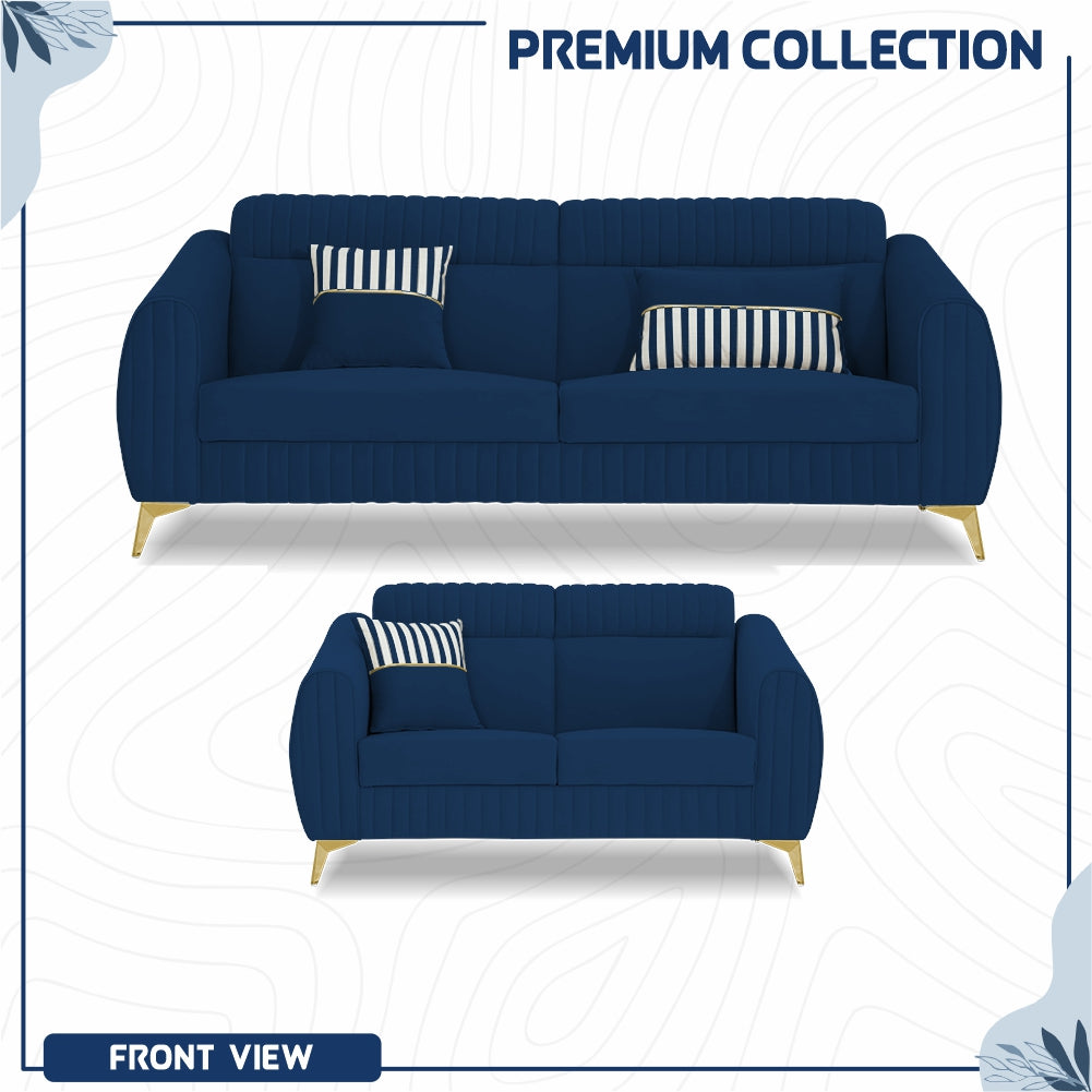 Adorn India Premium Valentino 3-2 Sofa Set | Velvet Suede Fabric | 3-Year Warranty | Color Blue with Golden Legs & Striped Pattern Cushion