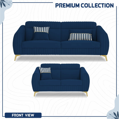 Adorn India Premium Valentino 3-2 Sofa Set | Velvet Suede Fabric | 3-Year Warranty | Color Blue with Golden Legs & Striped Pattern Cushion