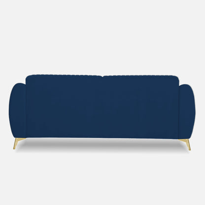 Adorn India Premium Valentino 3 Seater Sofa | Velvet Suede Fabric | 3-Year Warranty | Color Blue with Golden Legs & Striped Pattern Cushion