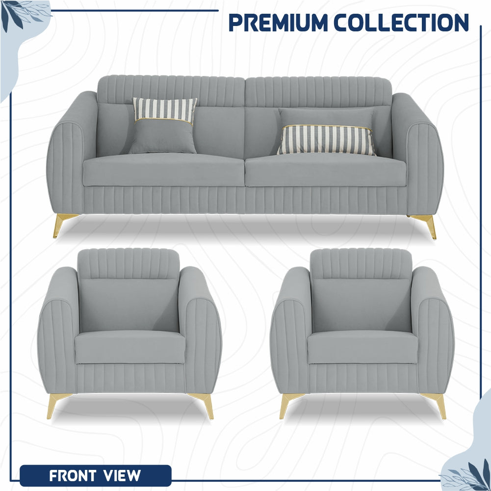 Adorn India Premium Valentino 3-1-1 Sofa Set | Velvet Suede Fabric | 3-Year Warranty | Color Grey with Golden Legs & Striped Pattern Cushion