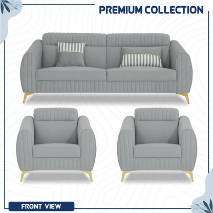 Adorn India Premium Valentino 3-1-1 Sofa Set | Velvet Suede Fabric | 3-Year Warranty | Color Grey with Golden Legs & Striped Pattern Cushion