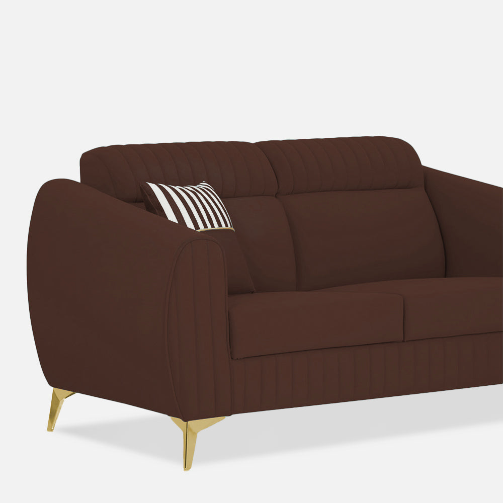 Adorn India Premium Valentino 2 Seater Sofa | Velvet Suede Fabric | 3-Year Warranty | Color Brown with Golden Legs & Striped Pattern Cushion