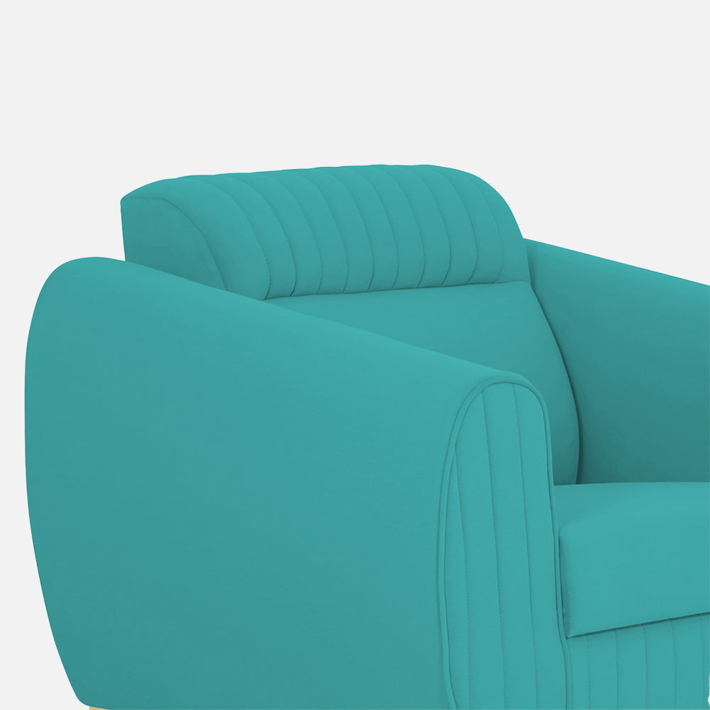 Adorn India Premium Valentino 1 Seater Sofa | Velvet Suede Fabric | 3-Year Warranty | Color Aqua Blue with Golden Legs & Striped Pattern Cushion