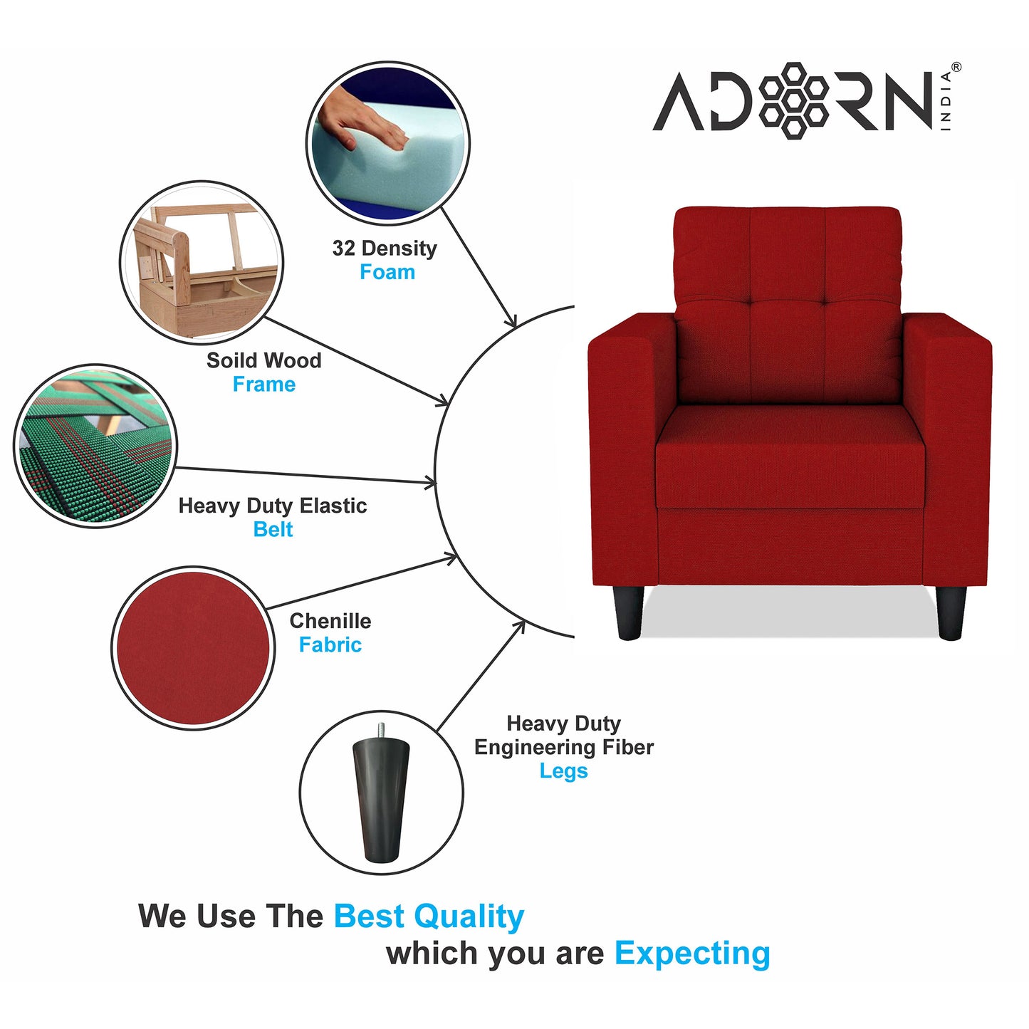 Adorn India Darcy 1 Seater Sofa (Beige) (3 Year Warranty)