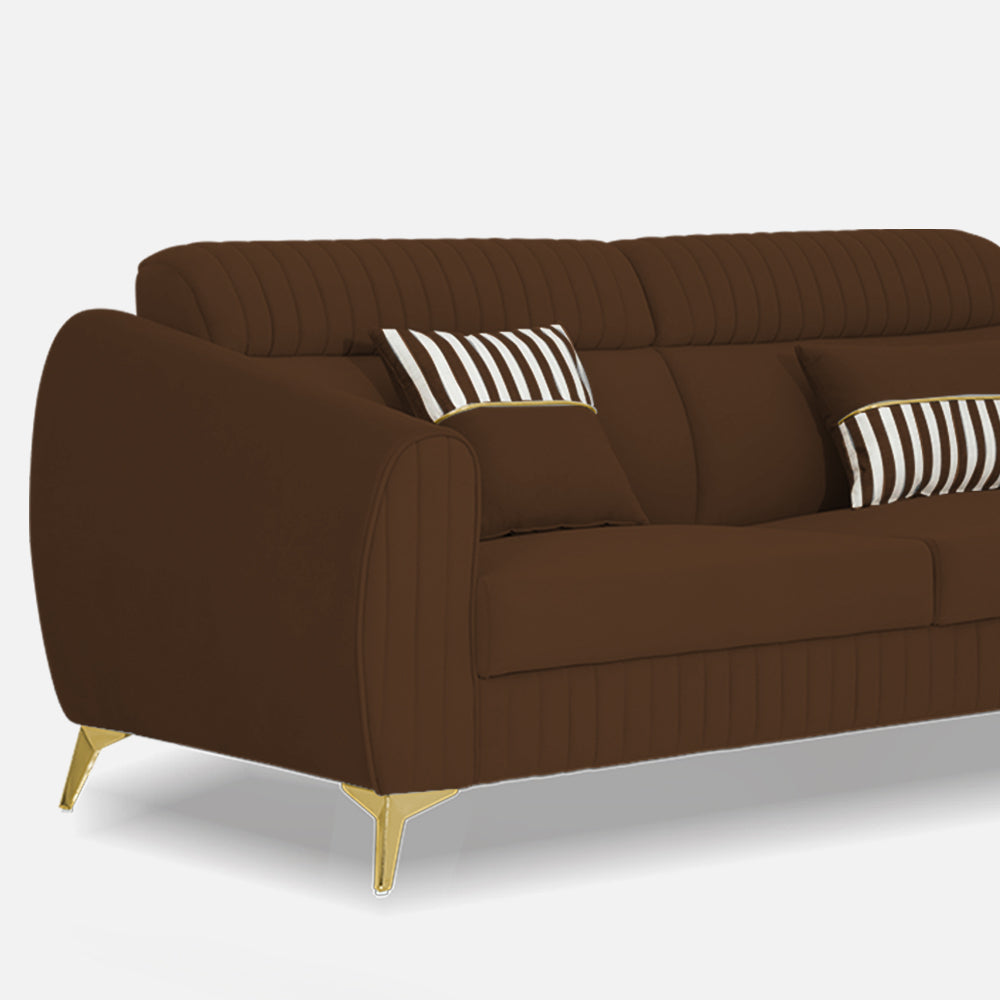 Adorn India Premium Valentino 3 Seater Sofa | Velvet Suede Fabric | 3-Year Warranty | Color Brown with Golden Legs & Striped Pattern Cushion