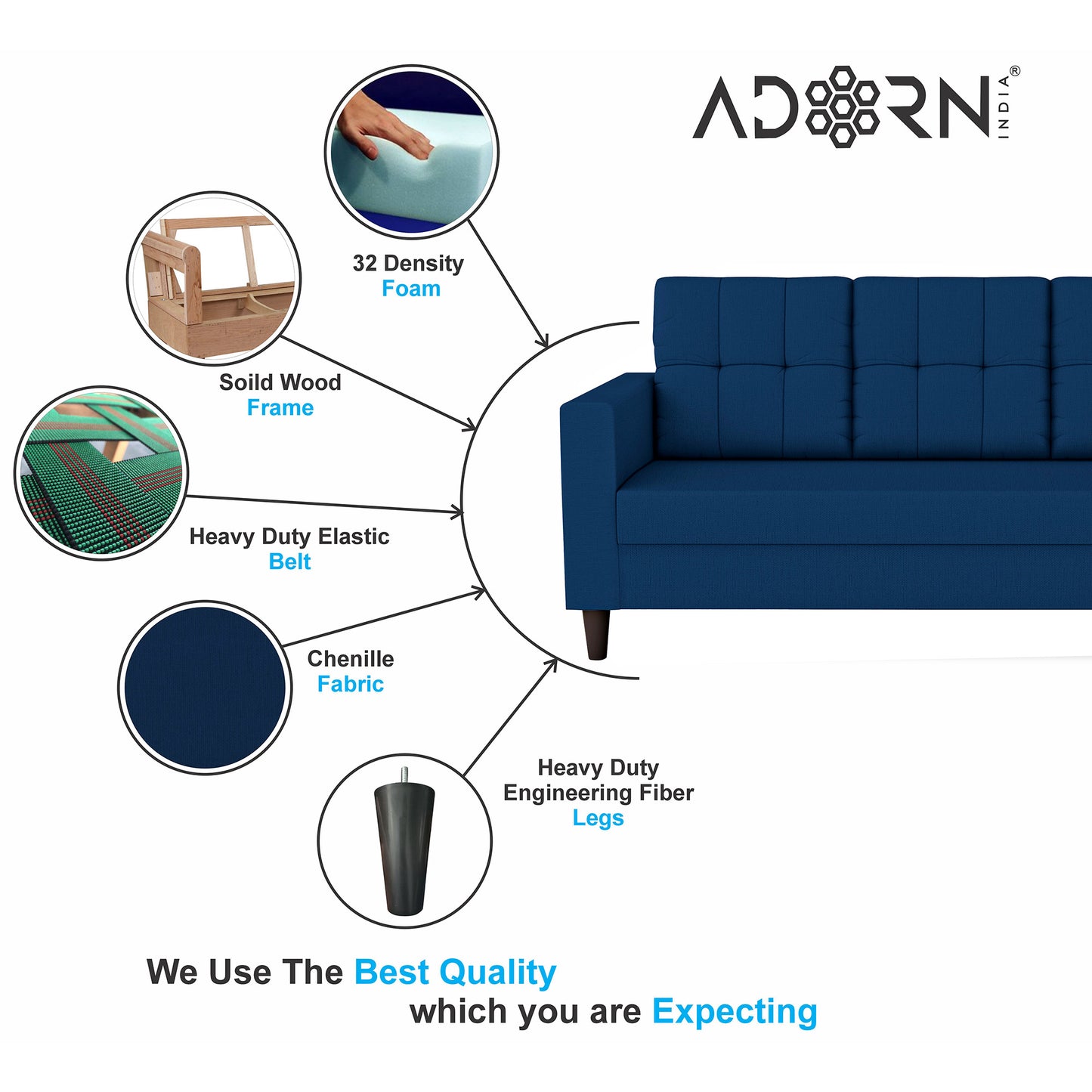 Adorn India Darcy 3 Seater Sofa (Beige) (3 Year Warranty)