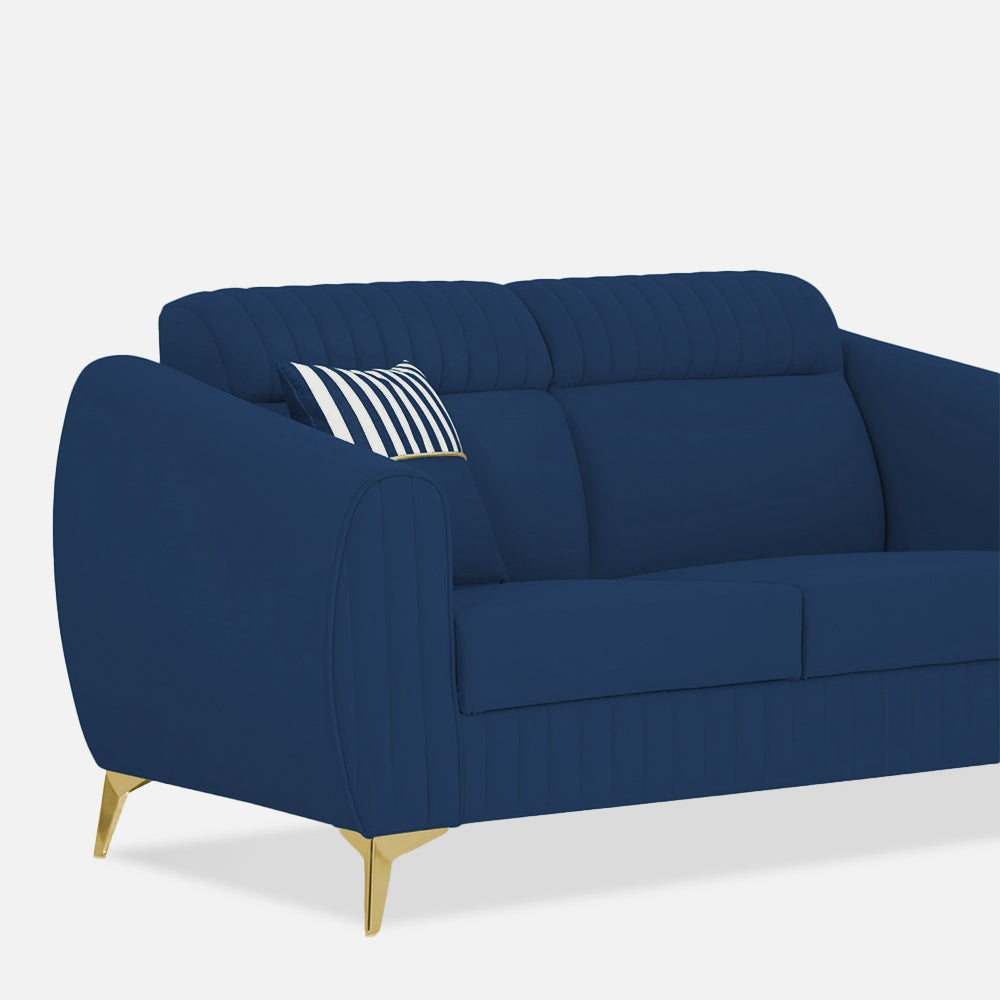 Adorn India Premium Valentino 2 Seater Sofa | Velvet Suede Fabric | 3-Year Warranty | Color Blue with Golden Legs & Striped Pattern Cushion