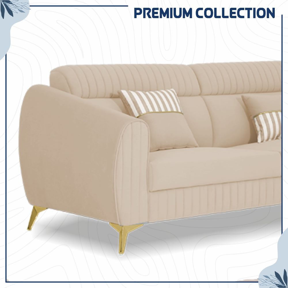 Adorn India Premium Valentino 3-2 Sofa Set | Velvet Suede Fabric | 3-Year Warranty | Color Beige with Golden Legs & Striped Pattern Cushion