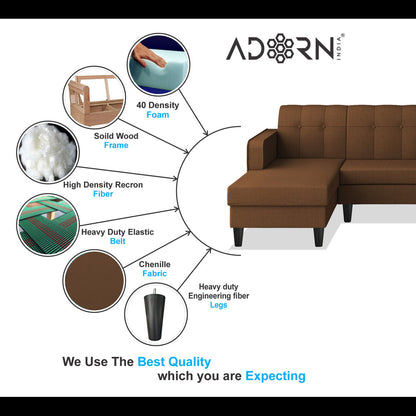 Adorn India Rio Elegant L Shape 6 Seater Sofa Set (Lhs) (Brown) (3 Year Warranty)