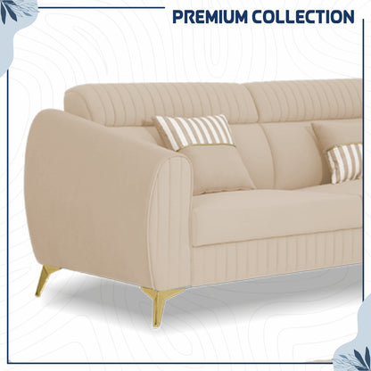 Adorn India Premium Valentino 3-2-1 Sofa Set | Velvet Suede Fabric | 3-Year Warranty | Color Beige with Golden Legs & Striped Pattern Cushion