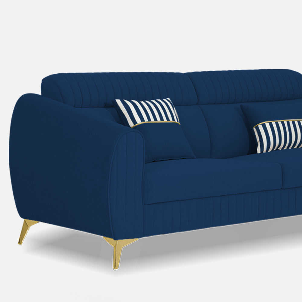 Adorn India Premium Valentino 3 Seater Sofa | Velvet Suede Fabric | 3-Year Warranty | Color Blue with Golden Legs & Striped Pattern Cushion