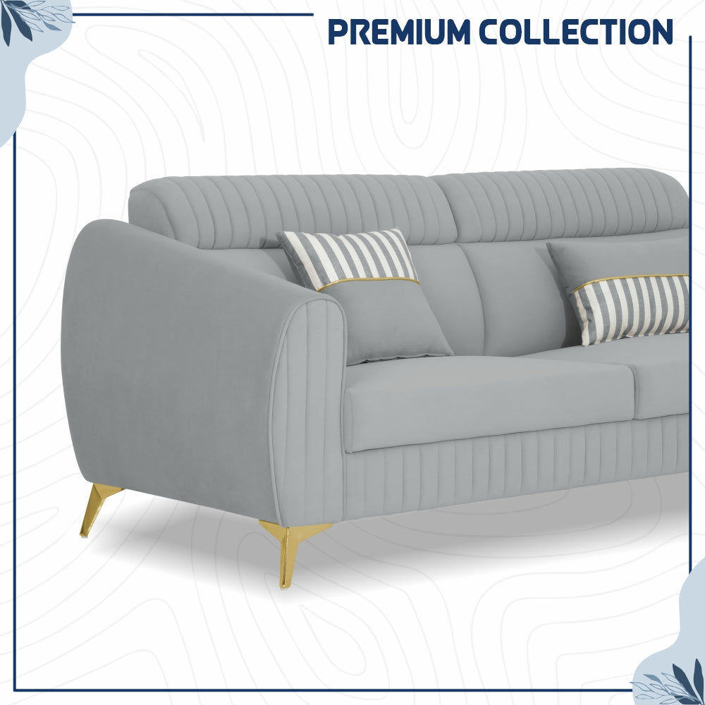 Adorn India Premium Valentino 3-2-1 Sofa Set | Velvet Suede Fabric | 3-Year Warranty | Color Grey with Golden Legs & Striped Pattern Cushion