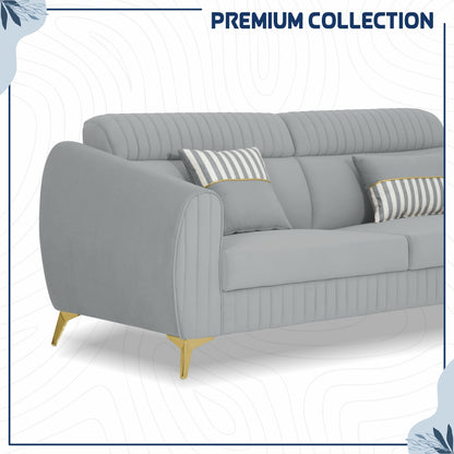 Adorn India Premium Valentino 3-2-1 Sofa Set | Velvet Suede Fabric | 3-Year Warranty | Color Grey with Golden Legs & Striped Pattern Cushion
