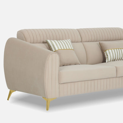 Adorn India Premium Valentino 3 Seater Sofa | Velvet Suede Fabric | 3-Year Warranty | Color Beige with Golden Legs & Striped Pattern Cushion
