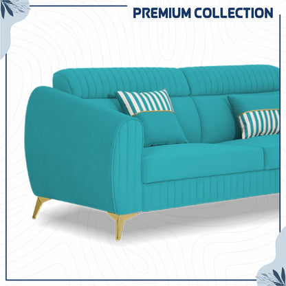 Adorn India Premium Valentino 3-2 Sofa Set | Velvet Suede Fabric | 3-Year Warranty | Color Aqua Blue with Golden Legs & Striped Pattern Cushion