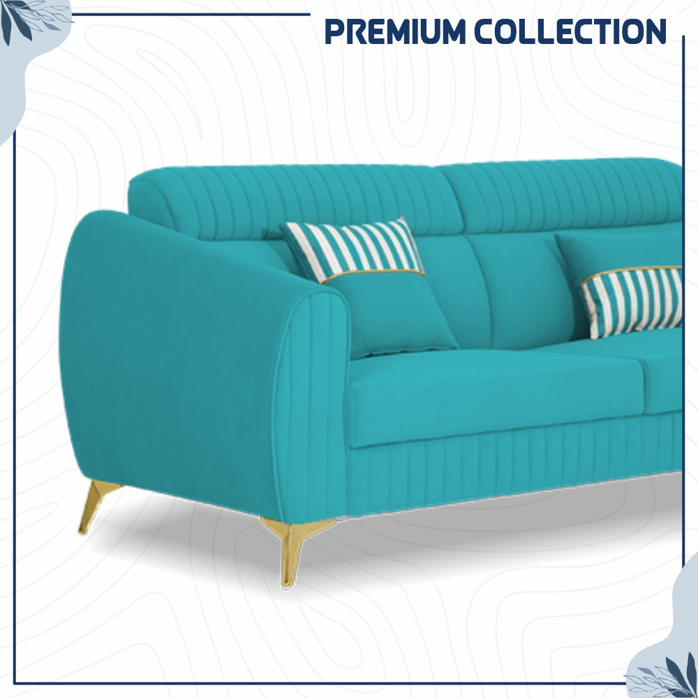 Adorn India Premium Valentino 3-2-1 Sofa Set | Velvet Suede Fabric | 3-Year Warranty | Color Aqua Blue with Golden Legs & Striped Pattern Cushion