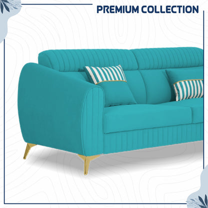 Adorn India Premium Valentino 3-2-1 Sofa Set | Velvet Suede Fabric | 3-Year Warranty | Color Aqua Blue with Golden Legs & Striped Pattern Cushion
