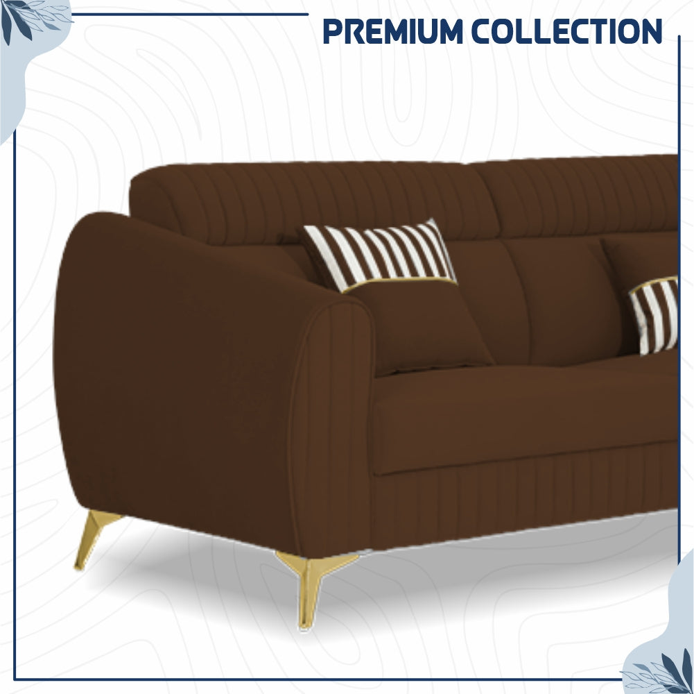 Adorn India Premium Valentino 3-2-1 Sofa Set | Velvet Suede Fabric | 3-Year Warranty | Color Brown with Golden Legs & Striped Pattern Cushion