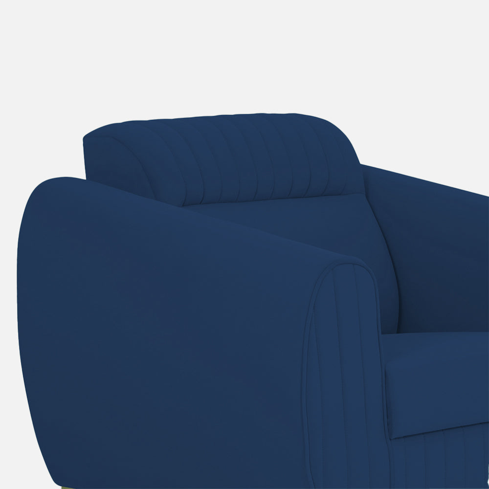 Adorn India Premium Valentino 1 Seater Sofa | Velvet Suede Fabric | 3-Year Warranty | Color Blue with Golden Legs & Striped Pattern Cushion