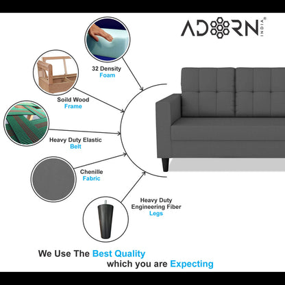 Adorn India Darcy 3 Seater Sofa (Grey) (3 Year Warranty)