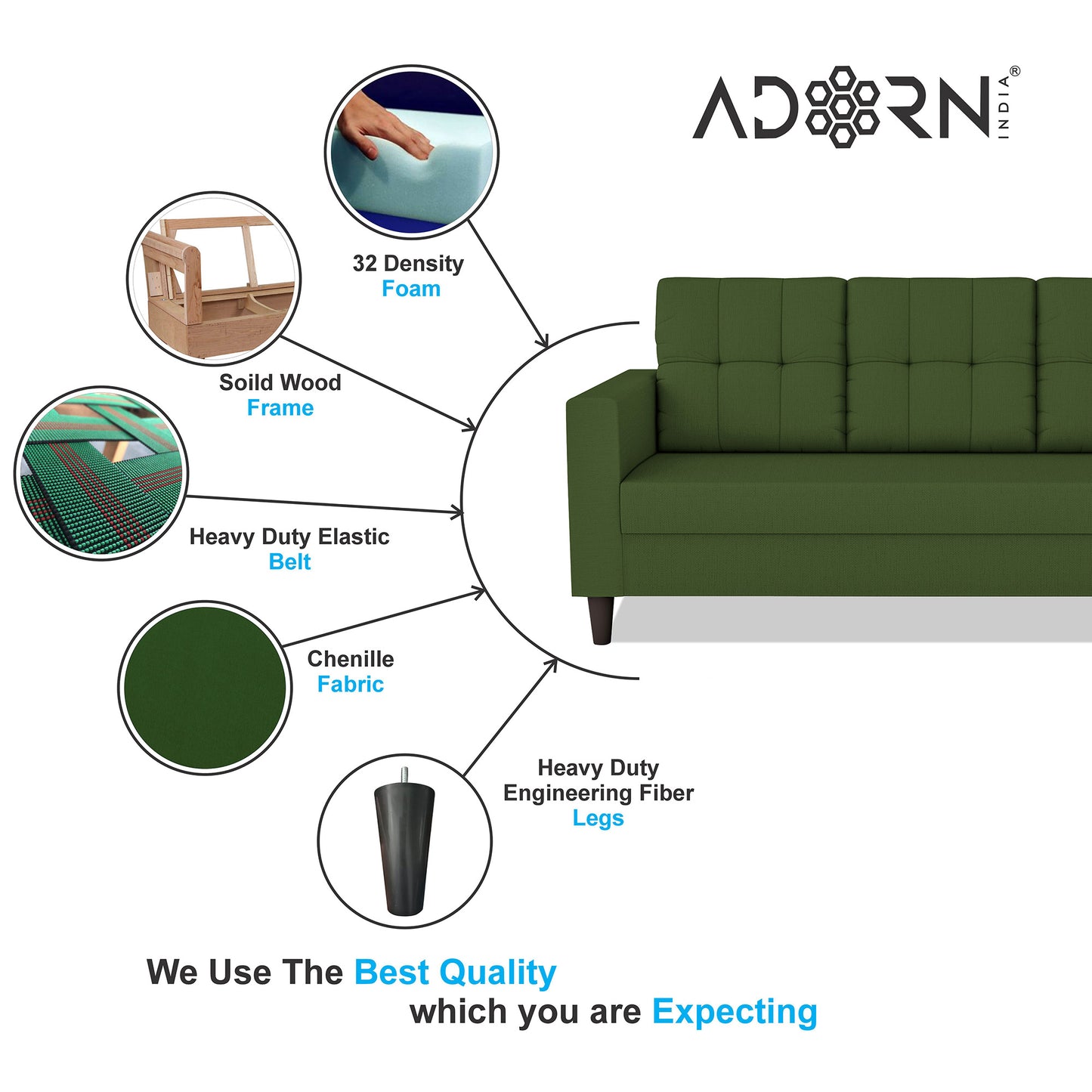 Adorn India Darcy 3 Seater Sofa (Beige) (3 Year Warranty)