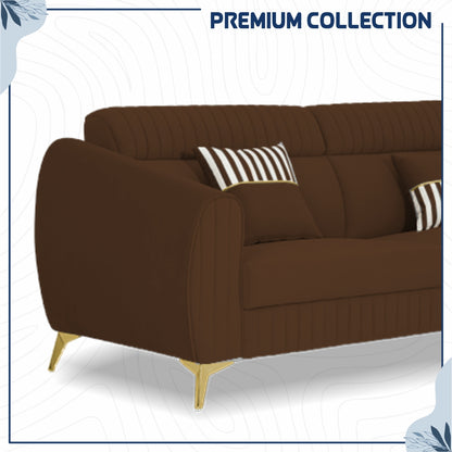 Adorn India Premium Valentino 3-1-1 Sofa Set | Velvet Suede Fabric | 3-Year Warranty | Color Brown with Golden Legs & Striped Pattern Cushion