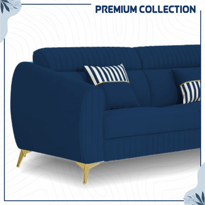 Adorn India Premium Valentino 3-2 Sofa Set | Velvet Suede Fabric | 3-Year Warranty | Color Blue with Golden Legs & Striped Pattern Cushion