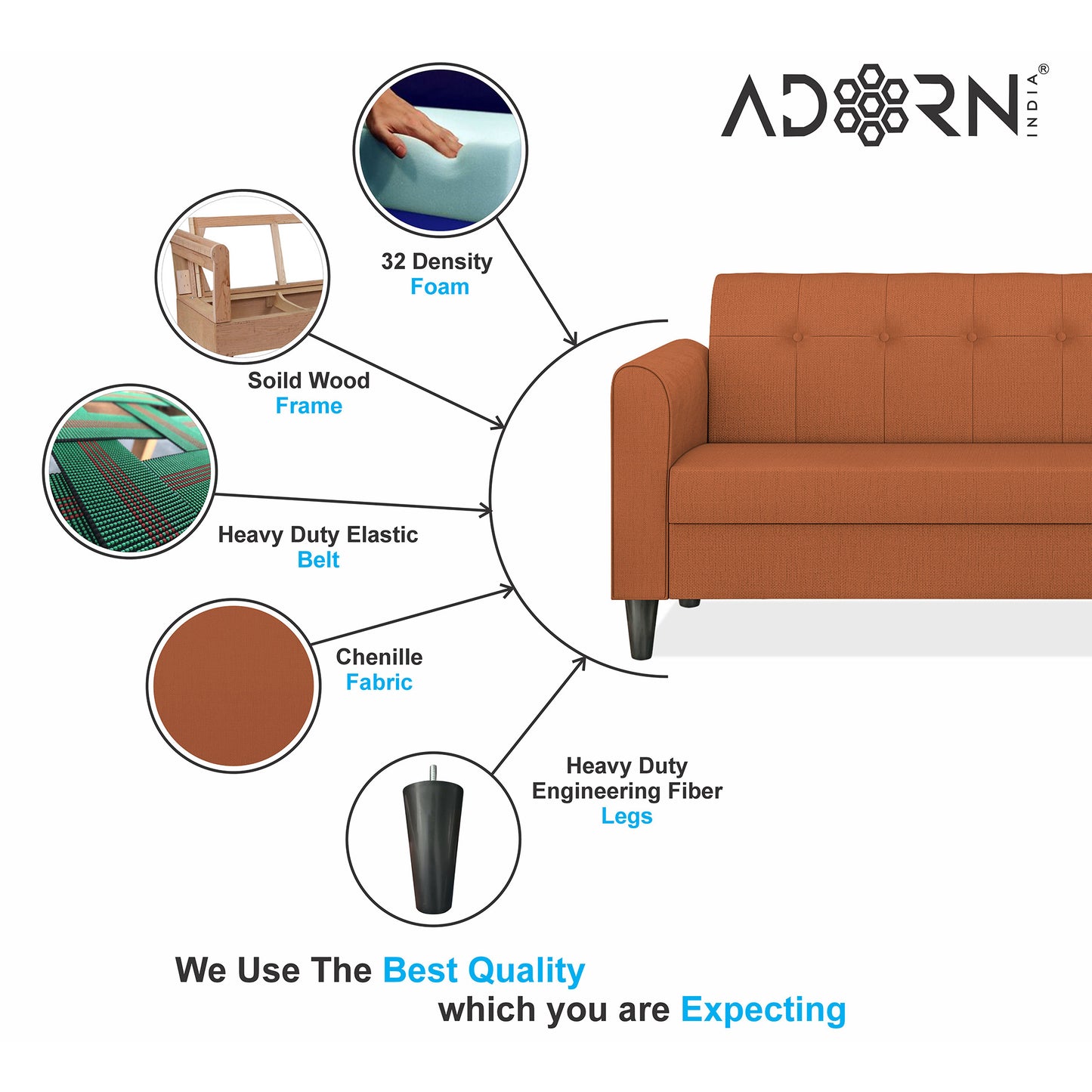 Adorn India Rio Elegant 3 Seater Sofa (Rust) (3 Year Warranty)