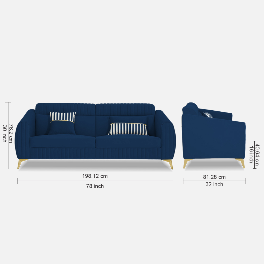 Adorn India Premium Valentino 3 Seater Sofa | Velvet Suede Fabric | 3-Year Warranty | Color Blue with Golden Legs & Striped Pattern Cushion
