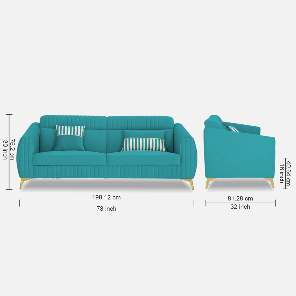 Adorn India Premium Valentino 3 Seater Sofa | Velvet Suede Fabric | 3-Year Warranty | Color Aqua Blue with Golden Legs & Striped Pattern Cushion