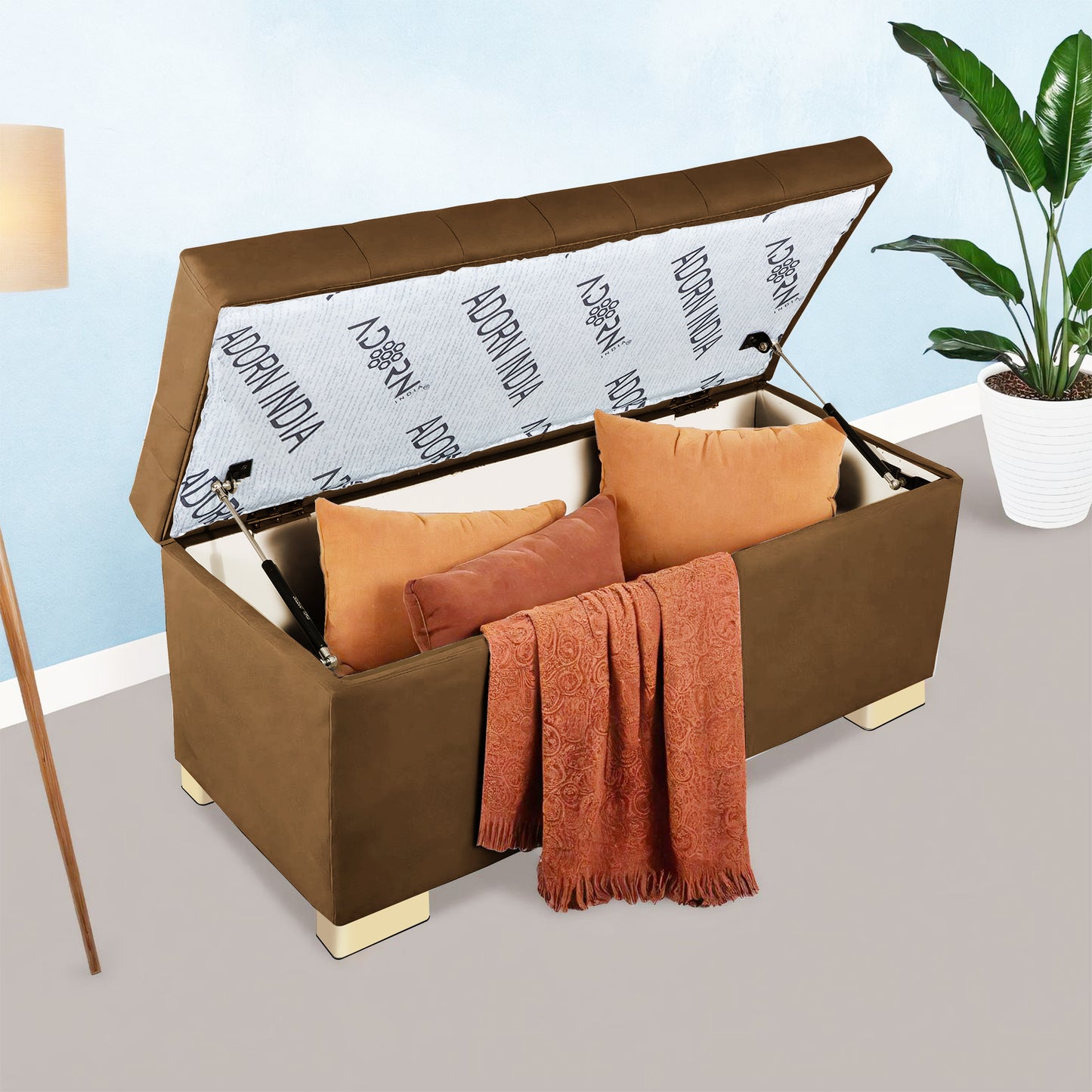 Adorn India Falcon Tufted 2 Seater Storage Ottoman Pouffe with Velvet Suede Fabric (Brown)
