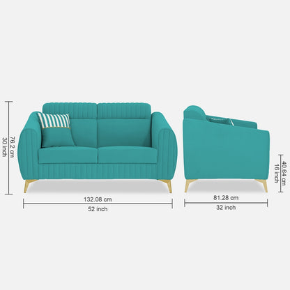 Adorn India Premium Valentino 2 Seater Sofa | Velvet Suede Fabric | 3-Year Warranty | Color Aqua Blue with Golden Legs & Striped Pattern Cushion