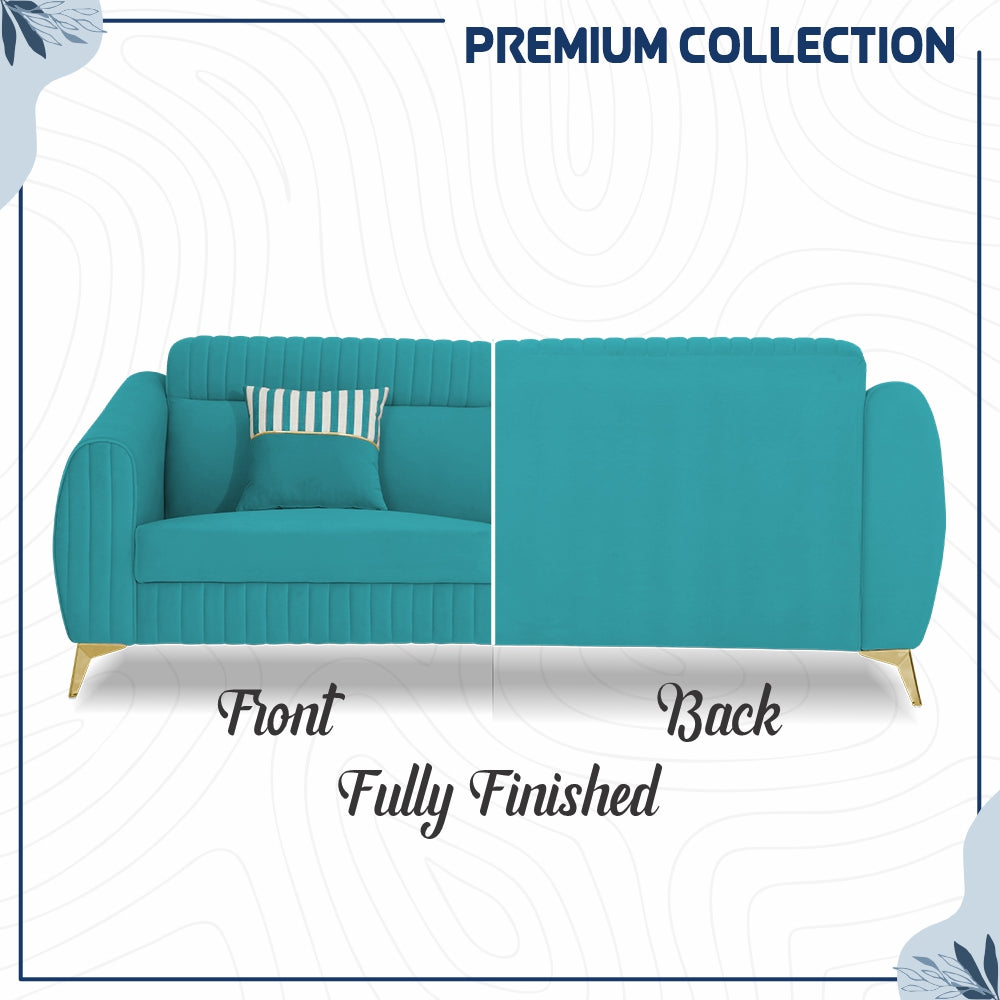 Adorn India Premium Valentino 3-2 Sofa Set | Velvet Suede Fabric | 3-Year Warranty | Color Aqua Blue with Golden Legs & Striped Pattern Cushion