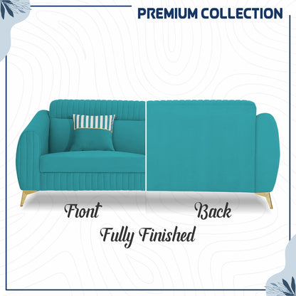 Adorn India Premium Valentino 3-2 Sofa Set | Velvet Suede Fabric | 3-Year Warranty | Color Aqua Blue with Golden Legs & Striped Pattern Cushion