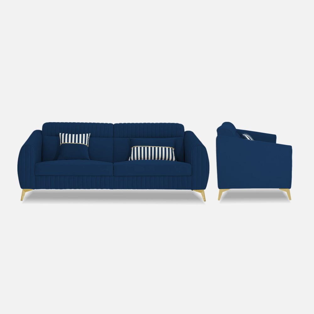 Adorn India Premium Valentino 3 Seater Sofa | Velvet Suede Fabric | 3-Year Warranty | Color Blue with Golden Legs & Striped Pattern Cushion